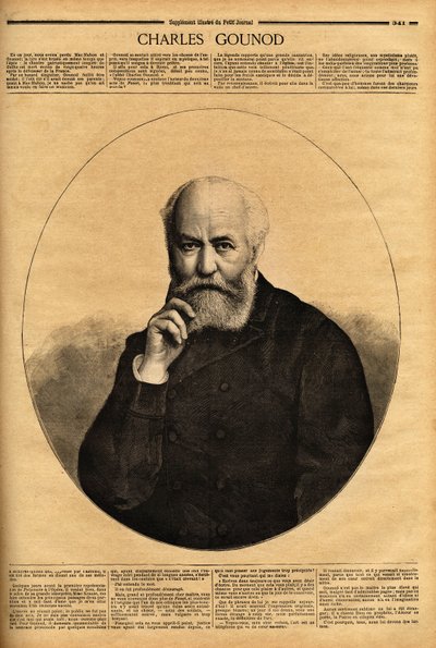 Portræt af Charles Gounod (1818-1893), en fransk komponist, kendt for sine operaer (Faust i 1859, Romeo og Juliette i 1867), han komponerede også symfonier og talrige melodier til digte af Alfred de Musset (1810-1857) og Victor Hugo (1802-1885). Engr af Unknown artist