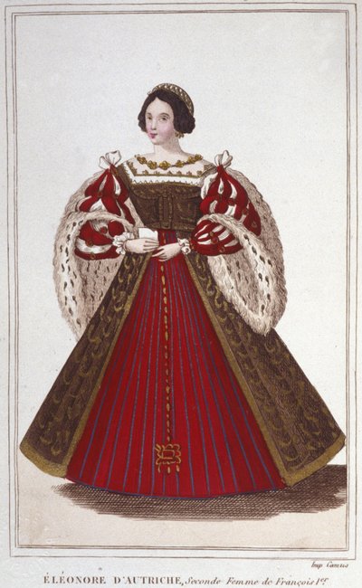 Portræt af Eleonore af Habsburg (eller Østrig) (1498-1558). Ærkehertuginde af Østrig, dronning af Portugal, derefter dronning af Frankrig, anden hustru til Francois I. gravering af 1830 af Unknown artist