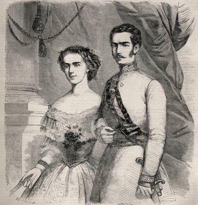 Portræt af kejser Francois Joseph (Francois Joseph) I af Østrig (1830-1916) og hans hustru Elisabeth af Wittelsbach (1837-1898) (sissi). Stik i “Le Monde illustrious”” fra 1857. Privat samling. af Unknown artist