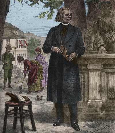 Portræt af Franz Liszt (1811-1886), ungarsk komponist, pianist og dirigent (Franz Liszt, ungarsk komponist, pianist og dirigent) gravering i "" Popular Music """ berømte ugeavis - 1882 af Unknown artist