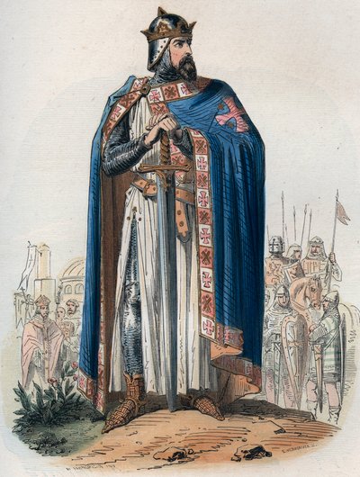 Portræt af Godefroy (Godefroi) de Bouillon (1061-1100) i korsdragt. Indgravering fra 1868 i "Histoire de Belgique fra primitiv tid til slutningen af Leopold I