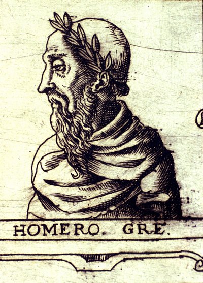 Portræt af Homer (9. århundrede f.Kr.). Gravering af 1560 fra Atlas of Urbano Monte af Unknown artist