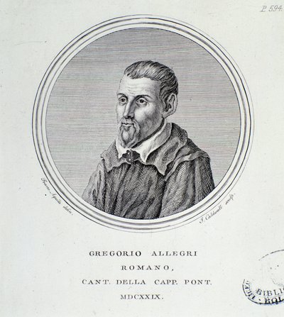 Portræt af den italienske komponist Gregorio Allegri (1582-1652) Indgravering. 1629. Bologna, borgerligt bibliografisk museum af Unknown artist