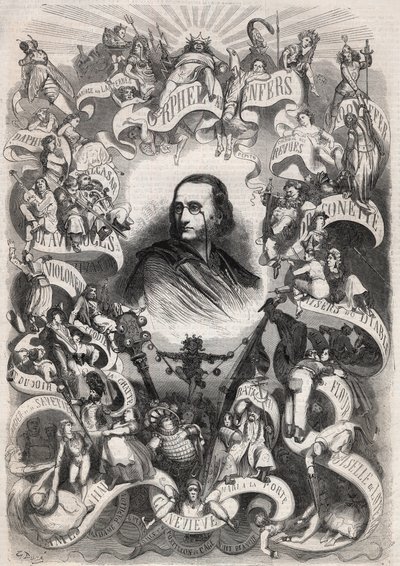 Portræt af Jacques Offenbach (1819-1880), fransk komponist og direktør for theatre des Bouffes Parisiens, omkranset af karakterer fra hans værker - Indgravering i "" Le Monde Illustré"" af Unknown artist