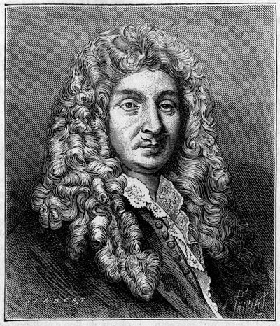 Portræt af Jean Baptiste Lully (Giovanni Battista Lulli) (1632-1687), fransk komponist af italiensk oprindelse. Fra en periodegravering. Gravering i "" Nature: gennemgang af videnskaberne og deres anvendelser til kunst og industri "" af 7. maj 1887. af Unknown artist