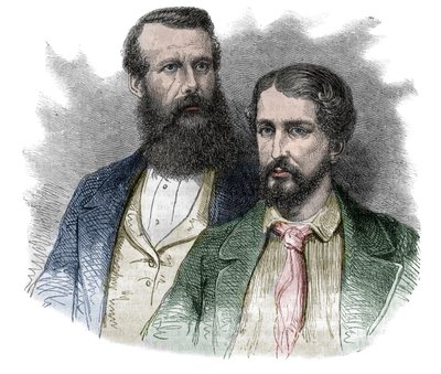 Portræt af John Hanning Speke, britisk opdagelsesrejsende, og James Augustus Grant, britisk soldat og opdagelsesrejsende. Sammen udforskede de kilderne til Nilen - indgravering fra "" Den maleriske historie om store rejser i det nittende århundrede"". 1877 af Unknown artist