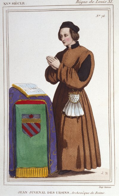 Portræt af John Juvenal des Ursins: Fra hans rigtige navn Jouvenel. Født i 1388 (Paris), døde i 1473 (Reims, Marne) i en alder af 85. Han nød godt af følgende indtægtskilder: Biskop af Beauvais, ærkebiskop af Reims, Biskop af Laon, gejstlighed, Attorn af Unknown artist