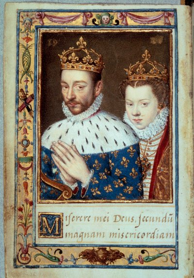 Portræt af kong Charles IX (1550-1574) og Elizabeth af Østrig (1554-1592) Dronning af Frankrig Manuskriptside af "Timebog af Catherine de Medicis" (Caterina de Medici) 1500-tallets Paris, B.N. af Unknown artist