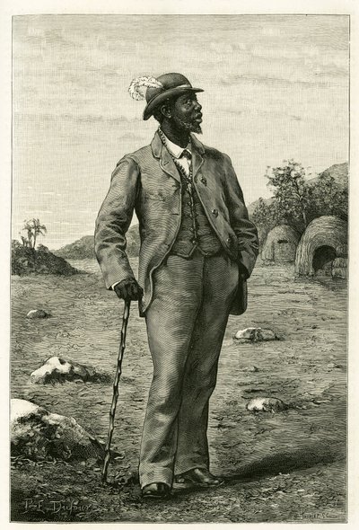 Portræt af kong Sepopo af Zambeze (nuværende Sydafrika), klædt i europæisk stil, gravering af P. Dufour, for at illustrere historien "Au pays des Marutses", i 1875-1879, af Dr. Emile Holub (1847- 1902). Udgivet i Tour du monde, 2. semester 1 af Unknown artist