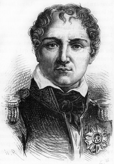 Portræt af Laurent Gouvion Saint Cyr (1764 - 1830). Indgravering af slutningen af det 19. århundrede i "Histoire de France"" af H. Martin. af Unknown artist