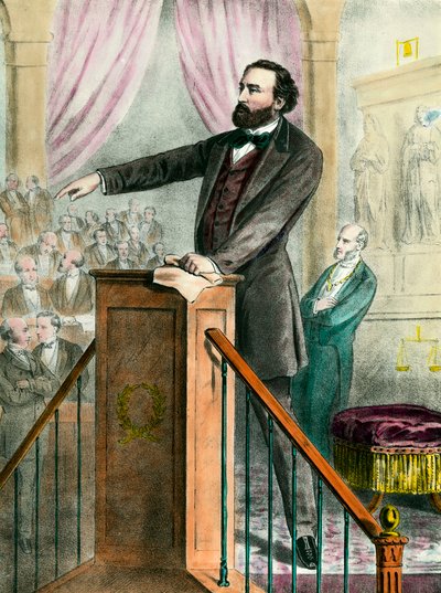 Portræt af Leon Gambetta (1838 - 1882) i galleriet. Indgravering af det 19. århundrede. Saml. Gå. af Unknown artist