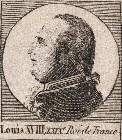 Portræt af Ludvig XVIII (1755-1824), med tilnavnet Ønsket, kongen af Frankrig og Navarra fra 1814 til 1815 og fra 1815 til 1824 - Ludvig XVIII, kendt som den Ønskede, konge af Frankrig - indgravering fra "Instruction sur l