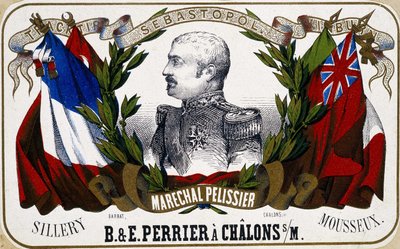 Portræt af Maréchal Pelissier på champagneetiket ""B. & E. Perrier à Chalôns sur Marne"", sd. 19. århundrede. af Unknown artist