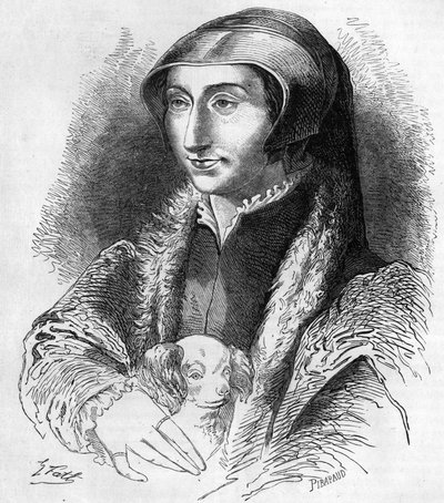 Portræt af Margaret af Navarra (Marguerite af Valois, Marguerite af Angouleme eller Marguerite af Frankrig (1492-1549) Dronning af Navarra og digterinde, søster til Francois 1. (1553-1615). Gravering af det 19. århundrede. af Unknown artist
