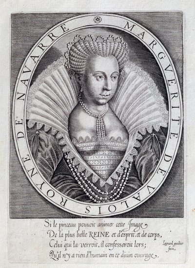 Portræt af Marguerite de Valois (1553 - 1615) kendt som dronning Margot. Stik af det 16. århundrede. Pau, Musee Du Chateau af Unknown artist