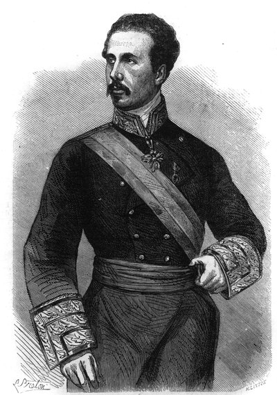 Portræt af Marie Ferdinand Francois af Assisi de Bourbon, konge af Spanien (1822-1902). Indgravering i "The Illustrious Universe" af Unknown artist