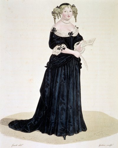 Portræt af Marie de Rabutin-Chantal (Rabutin Chantal), Marquise de Sevigne dit Madame de Sevigne (1626-1696), kvinde med bogstaver. Gravering Privat Samling af Unknown artist