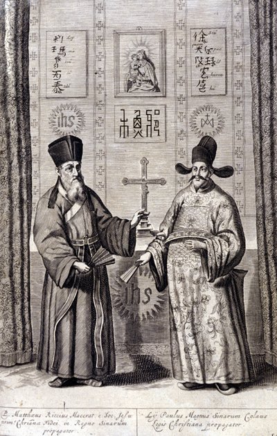 Portræt af Matteo Ricci (til venstre), italiensk jesuit og Paul Ly, stor formidler af kristen tro i Kina, indgravering af "De China monumenta" af Athanasius Kircher (1601 - 1680), jesuit, orientalist og tysk lærd, Amsterdam 1667. af Unknown artist