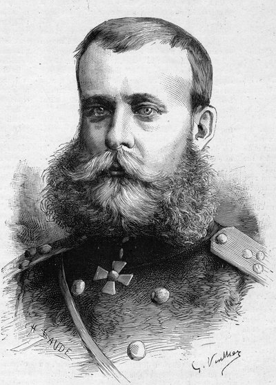 Portræt af Mikhail Dmitrievich Skobeleff (General Skobeleff eller Skobelev) (1843-1882), russisk militær. Indgravering i "" Le Monde Illustré"" nr. 1301 af 4. marts af Unknown artist
