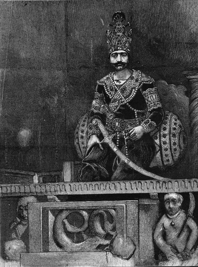 Portræt af Nasir Al-Din (Nasser al Din) (1831-1896) Shah af Persien på sin trone. af Unknown artist