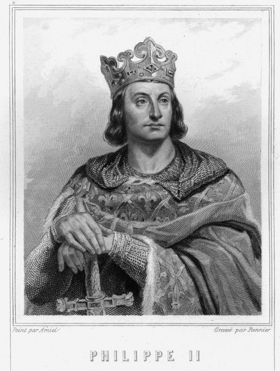 Portræt af Philip II sagde Philippe Auguste (1165-1223), konge af Frankrig - i "Histoire des Français"" af Lavallée, gravering, sd. af Unknown artist