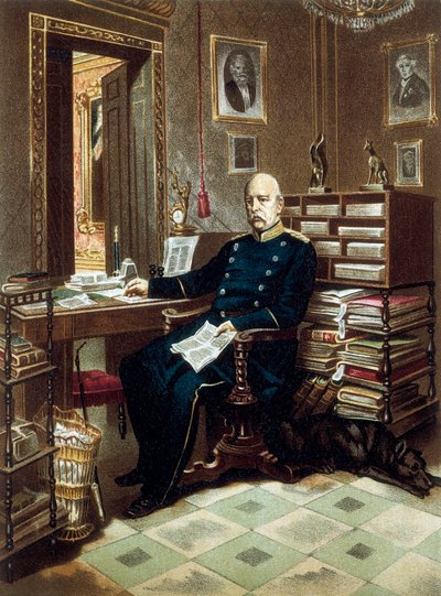 Portræt af prins Otto von Bismarck (1815-1898), kansler og preussisk politiker, på hans kontor. Litografi i farver af Unknown artist