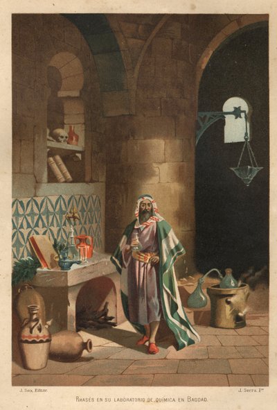 Portræt af Rhases (Rhazes, Razi, Al-Razi, Razis eller Rases) (840-923) persisk videnskabsmand) i sit laboratorium i Bagdad. Barcelona 1881 af Unknown artist
