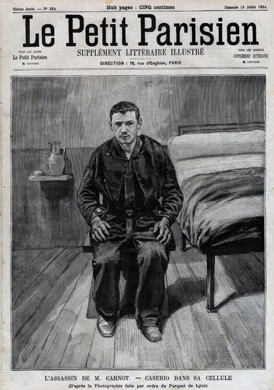 Portræt af Sante Caserio (1873-1894) italiensk anarkist, snigmorder på Sadi Carnot, i fængsel. Gravering i "" Le Parisien"" af Unknown artist