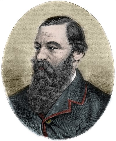 Portræt af Sir Samuel Baker (1821-1893) gravering fra ""Picturesque Histoire des grands voyages au nineteenth century""". 1877 af Unknown artist