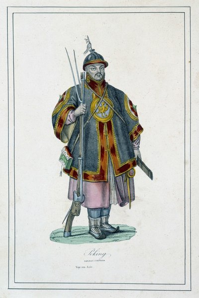 Portræt af en kinesisk soldat i rustning - i "" Jordens forskellige folk"" af Abbé Jouhanneaud, Librairie des bons livres af Unknown artist
