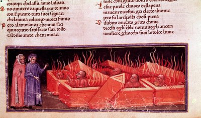 Portræt af den italienske digter Dante Alighieri blandt Virgil-kættere (sang X of Hell, i den guddommelige komedie) - Miniature af Unknown artist