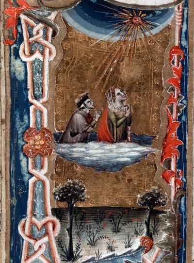 Portræt af den italienske digter Dante Alighieri med Beatrice, i den guddommelige komedie - miniature af Unknown artist
