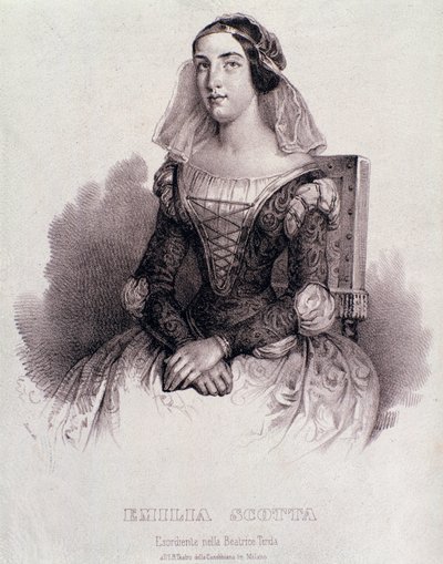 Portræt af sangerinden Emilia Scotta i operaen Beatrice de Tende af Unknown artist