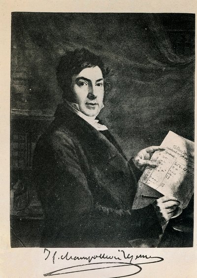 Portræt af den franske egyptolog Jean Francois (Jean-Francois) Champollion (1790-1832). Indgravering af det 19. århundrede af Unknown artist