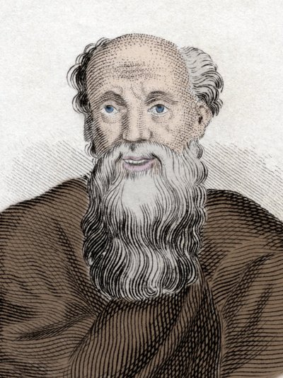 Portræt af den græske filosof Democritus (460-370 Av JC), Democritus of Hope. Indgravering af det 19. århundrede. af Unknown artist