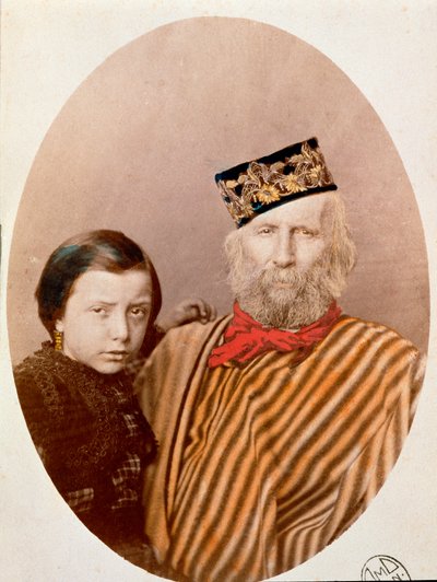 Portræt af den italienske patriot og helte af Risorgimento Giuseppe Garibaldi (1807-1882) med sin datter Clelia (1867-1959), datter af hans tredje kone Francesca Armosino af Unknown artist