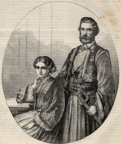 Portræt af prinsen af Serbien Michael III (1823-1868) og prinsesse Julie (1831-1919). Gravering i "" L