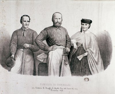 Portræt af patrioten og heltene fra Risorgimento Giuseppe Garibaldi (1807-1882) mellem Teresita, hans datter og hans kone Stefano Canzio. Litografi af 1862 Privatsamling af Unknown artist