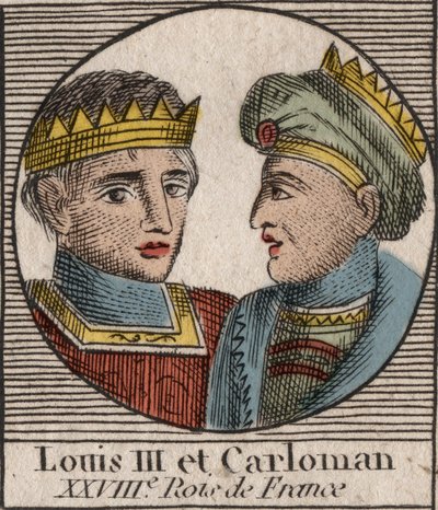 Portrætter af Ludvig III (863/65-882) Frankernes Konge mellem 879 og 882 og Karl II (866-884), Frankernes Konge fra 879 til Frankrig - gravering fra “Instruction on History d af Unknown artist