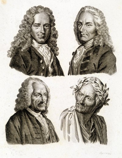Portrætter af Voltaire i forskellige aldre - gravering af Unknown artist