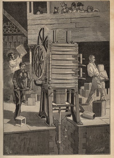 Keramik: mekanisk støbning af hule dele. Indgravering fra 1885 i "" Les arts et metiers illustres"" af Adolphe BITARD. af Unknown artist