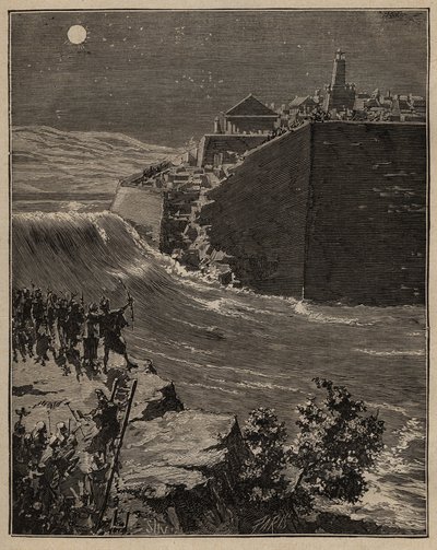 Keramik: rå mursten i det antikke Grækenland. Pausanias hær (5. århundrede f.Kr.) omvejer en flods løb for at ødelægge murene af rå mursten, der beskytter byen Mantinee. Indgravering fra 1885 i "" Les arts et metiers illustres"" af Adolphe BITARD. af Unknown artist