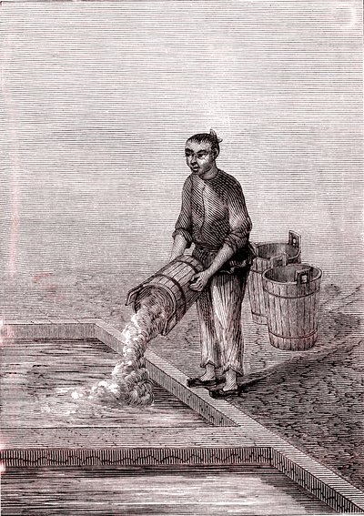 Hældning af kalk i bassinet, papirfremstilling i Kina (3. århundrede f.Kr.) (gravering) af Unknown Artist