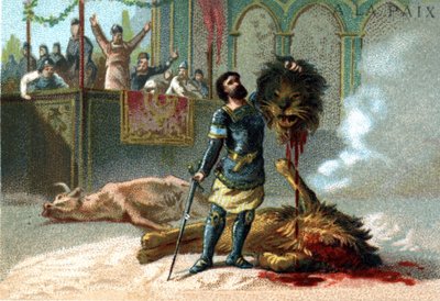 Pépin le Brief (715-768), kongen af frankerne, kæmper mod en løve og en tyr under de fester, der blev givet for at fejre hans kroning i 751. af Unknown artist
