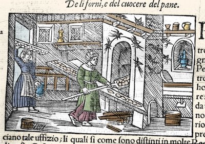Tilberedning og bagning af brød i ovn. Gravering af Olaus Magnus (1490-1557), svensk religiøs og geograf, "Historia de Gentis Septentrionalibus", Venedig af Unknown artist