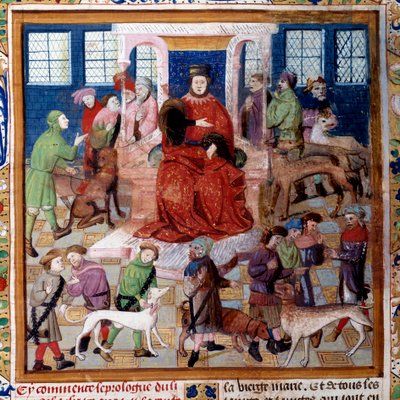 Præsentation af hundene til greven af Foix Miniature fra "The book of hunting"" af Gaston III Phoebus, greve af Foix, Lord of Bearn (1331-1391) af Unknown artist