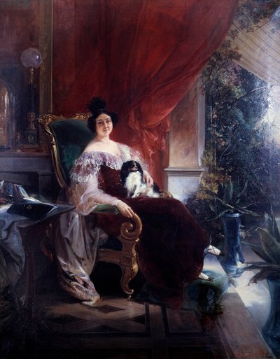 Privatliv, damen med hunden. En hund, der sidder på en kvinde på en veranda. Maleri af Francois Bourbot (1800-tallet) af Unknown artist