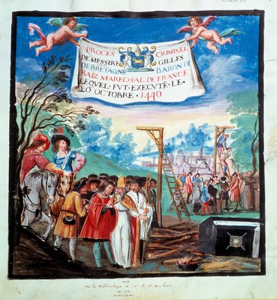 Proces af Gilles de Rais (Retz ou Rays) (1404-1440): "" Henrettelsen, gibet og slagteren""" Han bliver henrettet for mord og kætteri. 1400-tals miniature. Paris, B.N. af Unknown artist