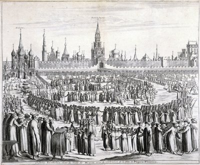 Procession af påskeblomster foran den hellige frelsersport og Kreml i Moskva. Indgravering af det 19. århundrede. af Unknown artist