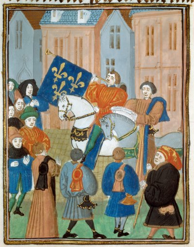 Fredserklæring i Reims den 2. oktober 1435 efter underskrivelsen af Arras-traktaten mellem kong Charles VII og hertugen af Bourgogne Filip III den Gode, der afsluttede borgerkrigen mellem Armagnacs og burgunderne. Miniature fra "" Kings and quee af Unknown artist